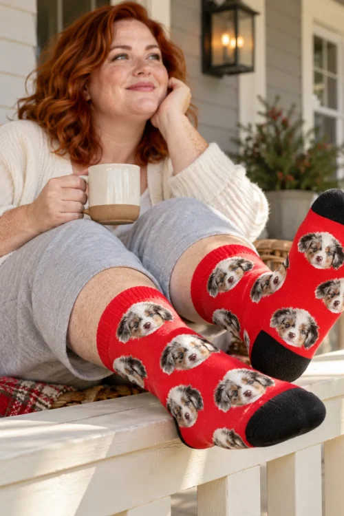 Red-haired woman with a mug resting her feet on a porch rail in red face socks