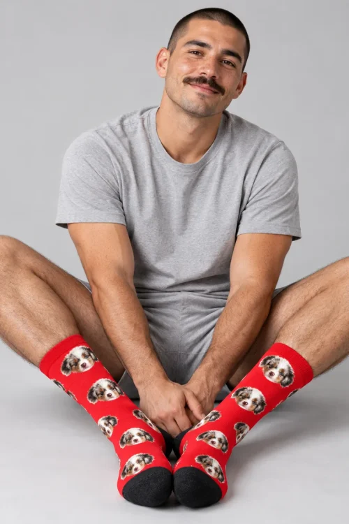 Smiling man sitting cross-legged in red socks with faces on them of an Aussie puppy