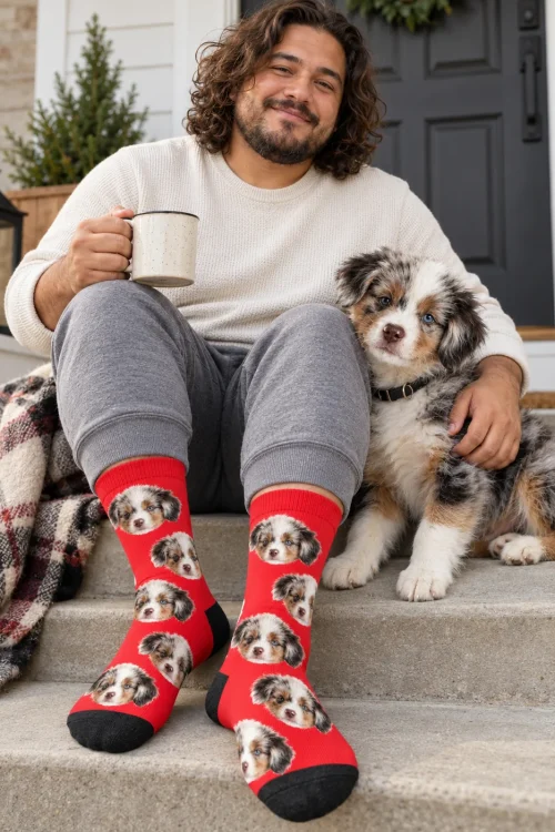 Man with a mug on front steps in red socks with puppy faces, his Aussie puppy beside him