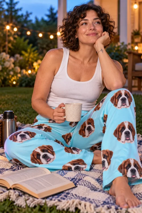 Woman with a mug on a plaid picnic blanket at dusk in St Bernard face pajama pants, string lights behind her