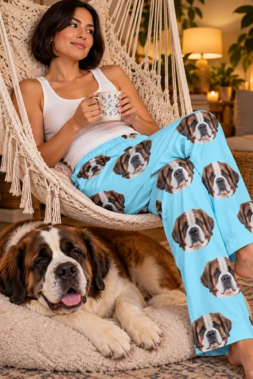 Woman sipping tea in a macrame hanging chair in St Bernard pajamas for women, a big brown and white dog beside her