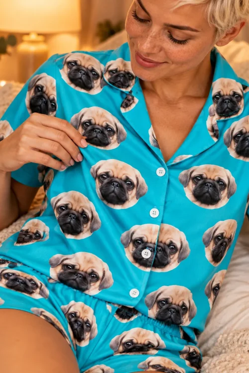 Close view of a teal pajama set shirt and shorts with pug faces and white buttons on a smiling woman