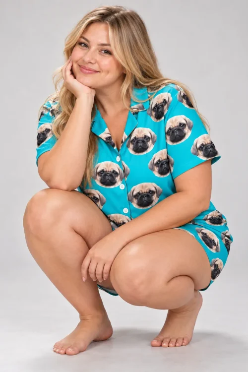 Smiling blonde woman crouching barefoot in a teal pajama set printed with pug faces on a gray backdrop