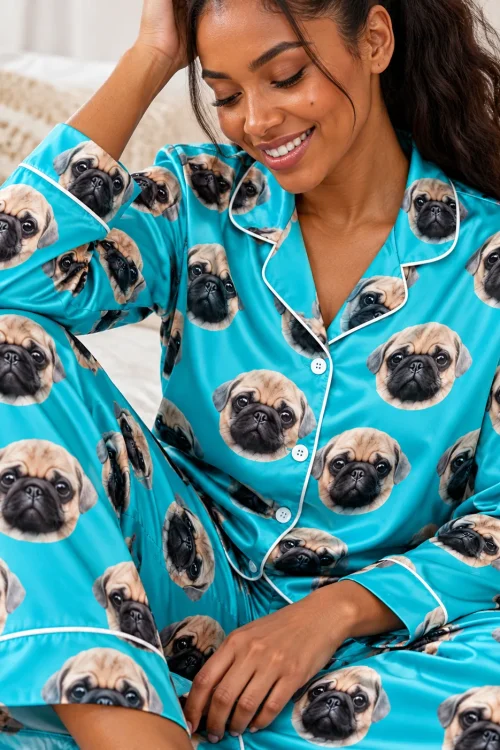 Close-up of a smiling woman in a teal satin pajama set: notched collar, white piping, pug faces