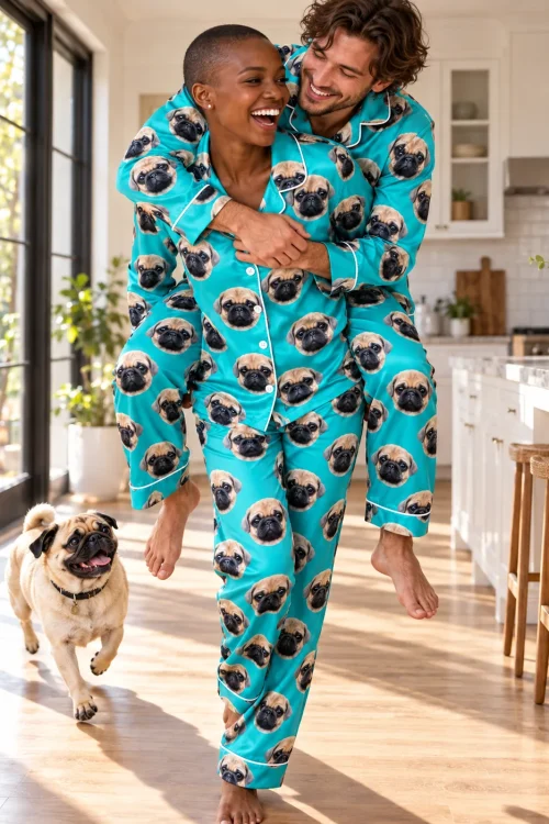 Laughing couple in teal satin pajama sets doing a piggyback ride in the kitchen as their pug runs along