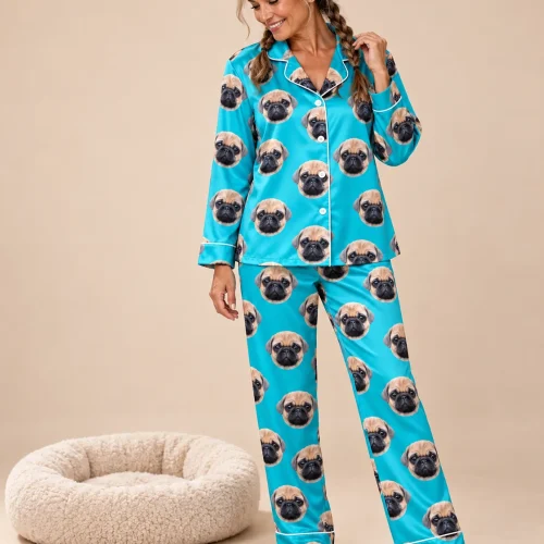 Teal Satin Pajama Set with Your Pet's Face