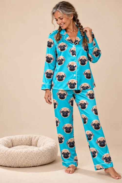 Woman with gray-blonde braids in a teal satin pajama set with pug faces beside a round dog bed