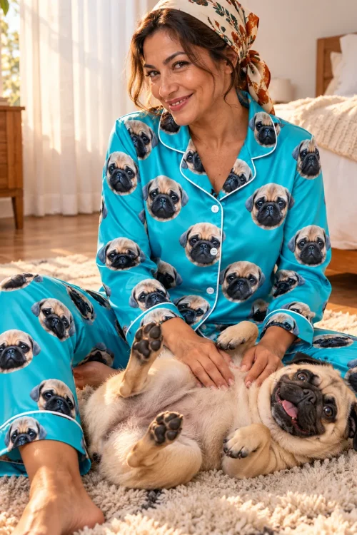 Woman in a headscarf and a teal satin pajama set rubbing her pug's belly on a shag rug