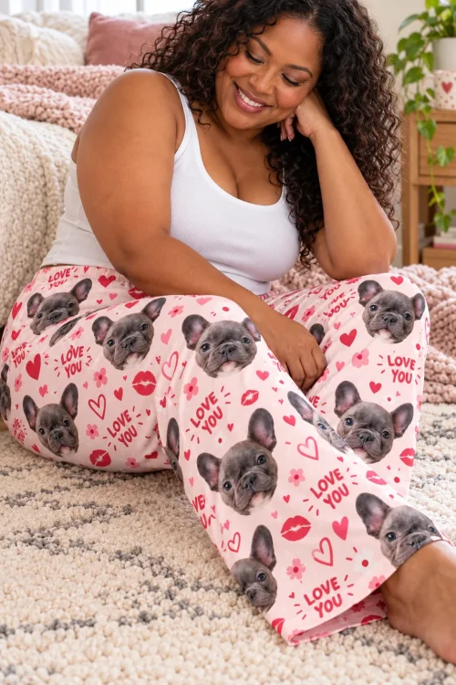 Smiling woman sitting on a rug in pink valentine pajama pants with hearts and French bulldog faces