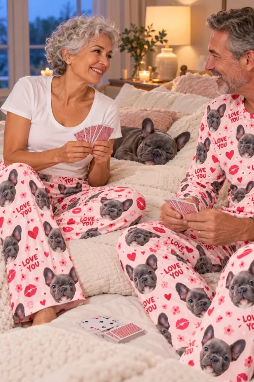 Couple playing cards on a bed in valentine pajama pants, a French bulldog napping on the pillows