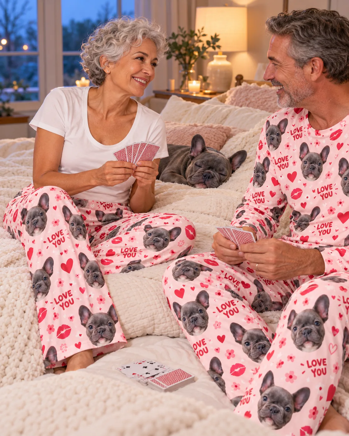 Couple playing cards on a bed in valentine pajama pants, a French bulldog napping on the pillows