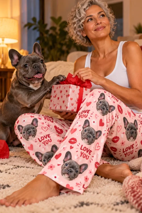 Woman opening a gift with her French bulldog, wearing valentine pajama pants printed with its face