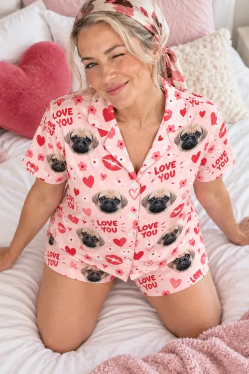 Winking woman in a headscarf kneeling on a bed in a valentines pajama set with LOVE YOU hearts