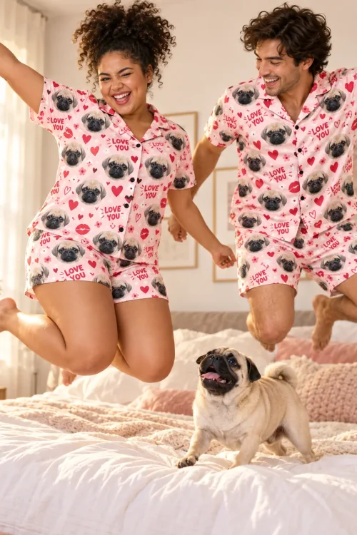 Couple jumping on a bed in matching valentines pajama sets while their pug watches