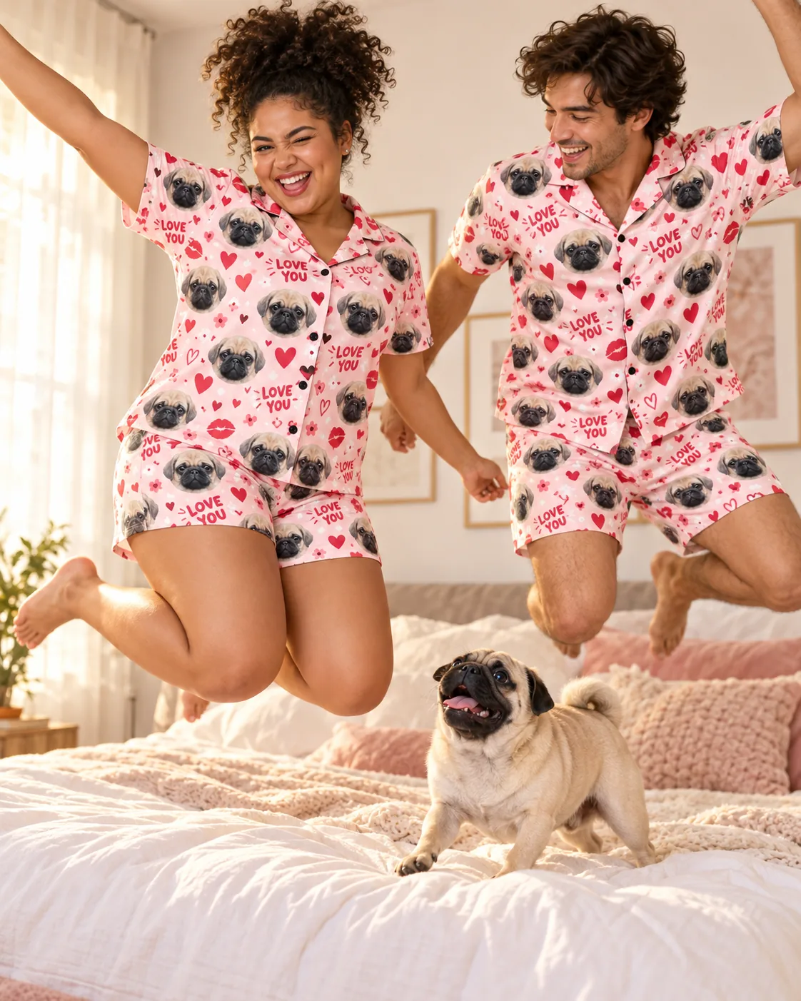 Couple jumping on a bed in matching valentines pajama sets while their pug watches