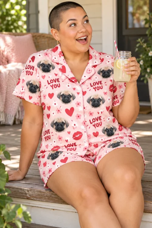 Woman with a buzz cut holding lemonade on a porch step in a valentines pajama set with pug faces