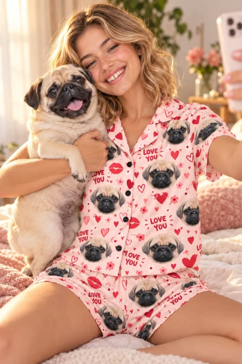 Woman taking a selfie with her pug on a bed in a valentines pajama set with hearts and pug faces