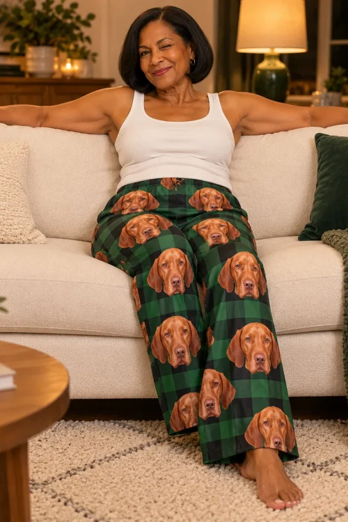 Woman winking from a cream sofa in green plaid vizsla pajamas with rows of vizsla faces on both legs