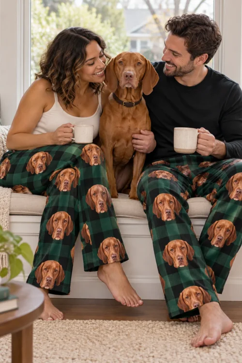 Couple sharing coffee on a window seat with their vizsla, both in green plaid vizsla pajama pants