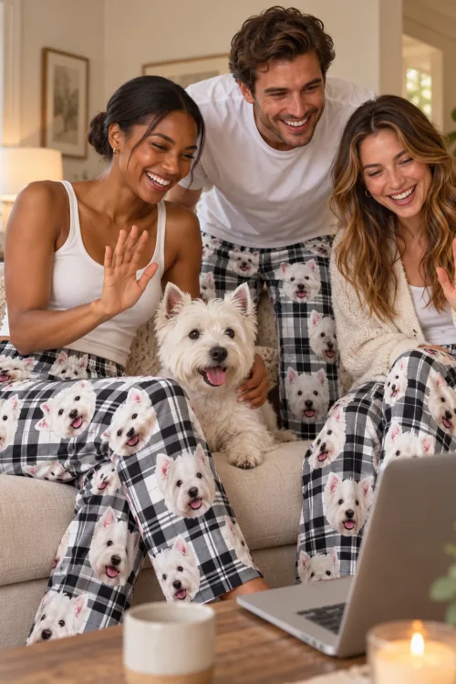 Two women and a man waving at a laptop with their Westie, all in black and white plaid Westie pajamas