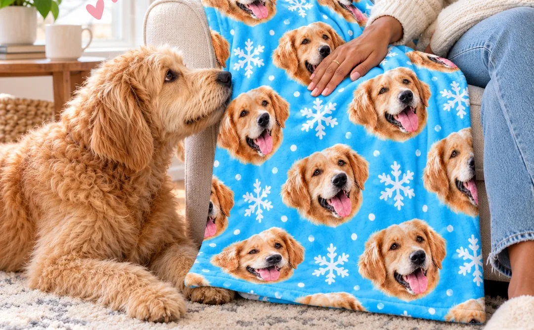 Woman's hand resting on a blue snowflake blanket printed with golden retriever faces, a curly-haired dog sniffing it