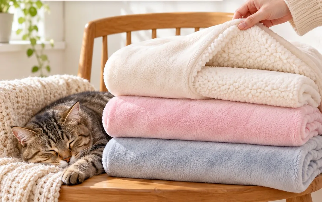 Three folded blankets stacked on a wooden chair, cream sherpa on top, pink and gray below, a tabby cat sleeping beside them