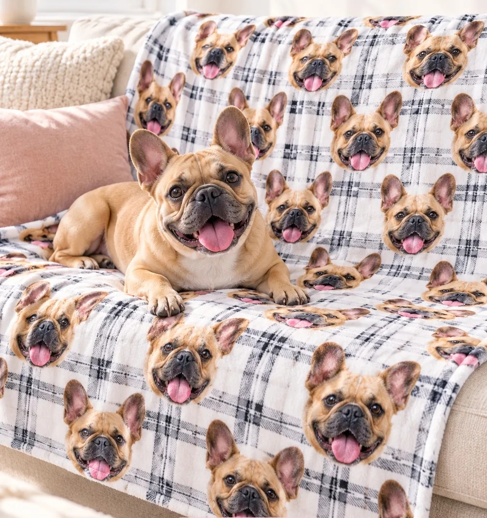 French bulldog lying on a white plaid photo blanket printed with French bulldog faces, draped over a sofa