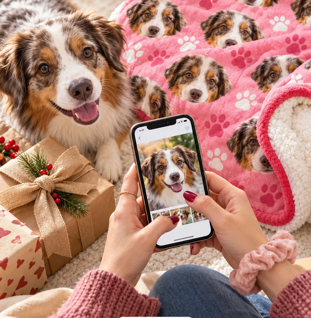 Phone showing an Australian shepherd photo beside a pink photo blanket printed with the dog's face and wrapped gifts