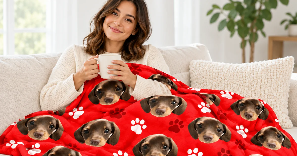 Woman relaxing on a sofa under a red sherpa blanket printed with dachshund faces