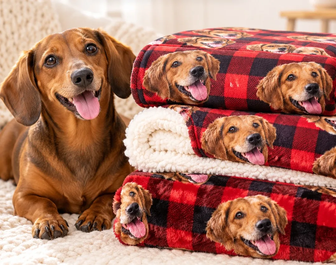 Three folded red plaid photo blankets printed with dog faces stacked beside a dachshund, comparing sherpa, fleece and minky