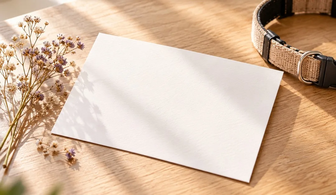 Blank card beside a dog collar and dried flowers on a wooden table, ready for words to someone who lost a pet