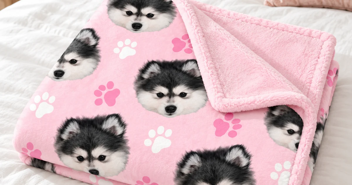Folded pink minky pet blanket printed with a husky's face, laid on a bed