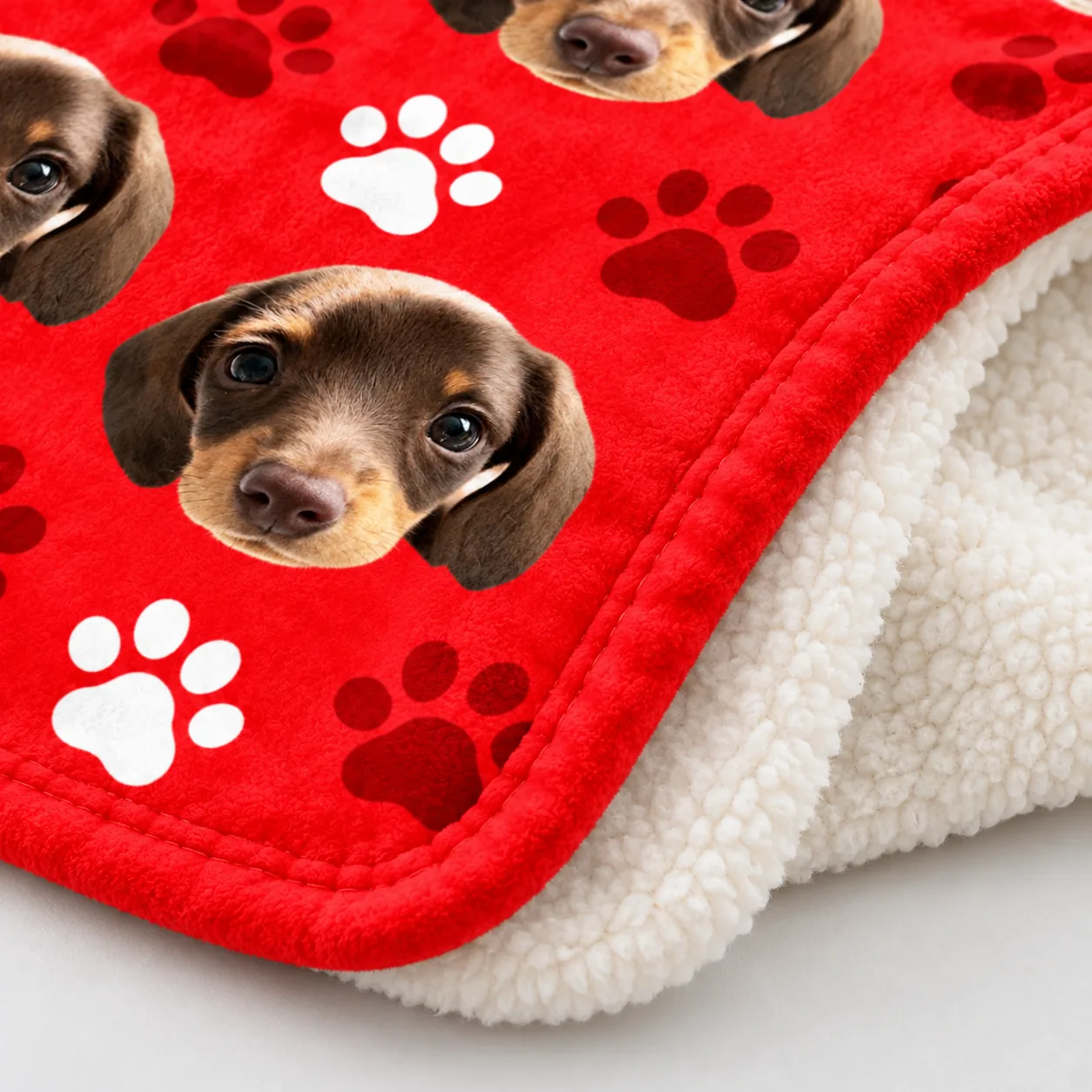Close-up of a red pet blanket with a dachshund face print and cream sherpa back