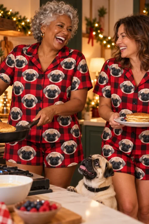 Two women making pancakes in red buffalo plaid pajama sets as their pug watches in a holiday kitchen