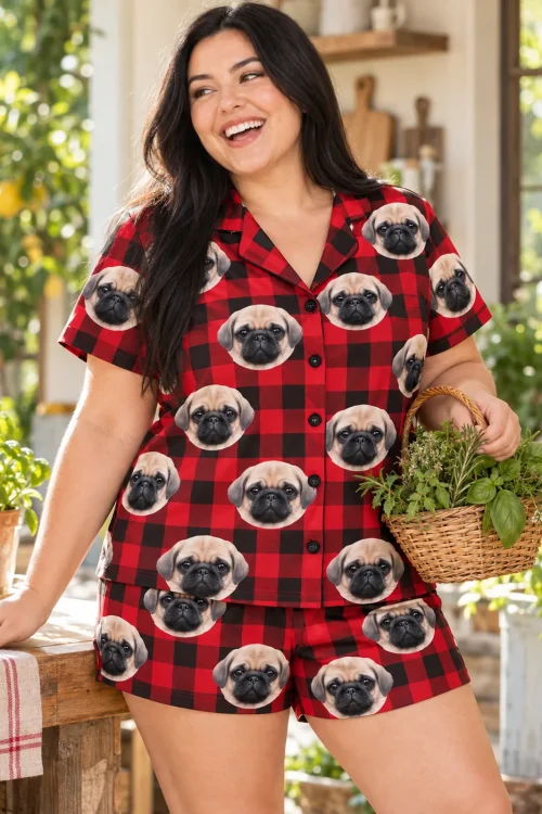 Laughing woman holding a basket of herbs in a red and black buffalo plaid pajama set with pug faces