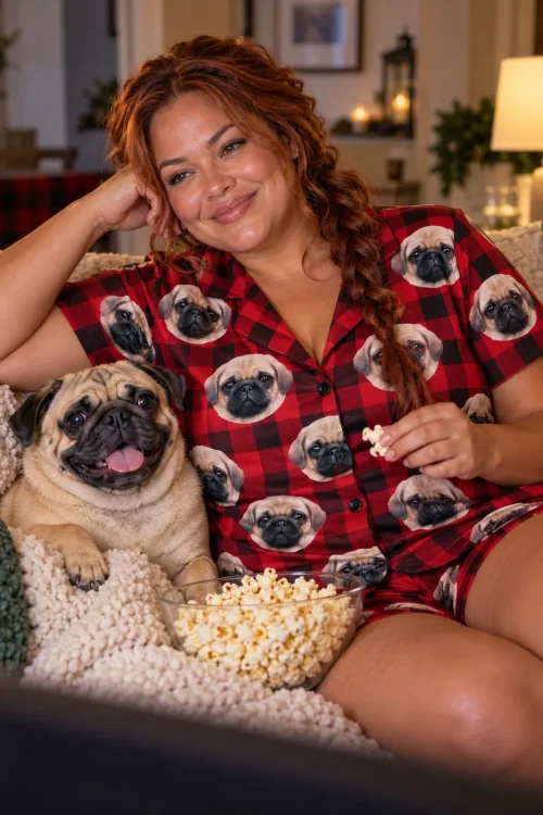 Woman with a braid on the couch with popcorn and her pug, wearing a buffalo plaid pajama set