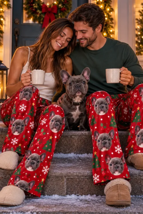Couple with mugs on snowy front steps in Christmas pajama pants, their French bulldog between them