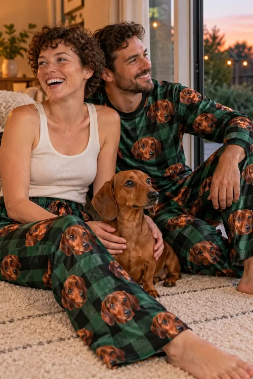 Laughing couple by a patio door at sunset with their dachshund, in matching green plaid dachshund face pajamas