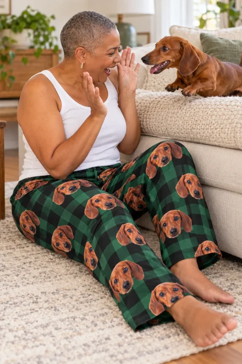 Woman on a living room rug cheering as her dachshund leaps from the sofa, in green plaid dachshund pajamas