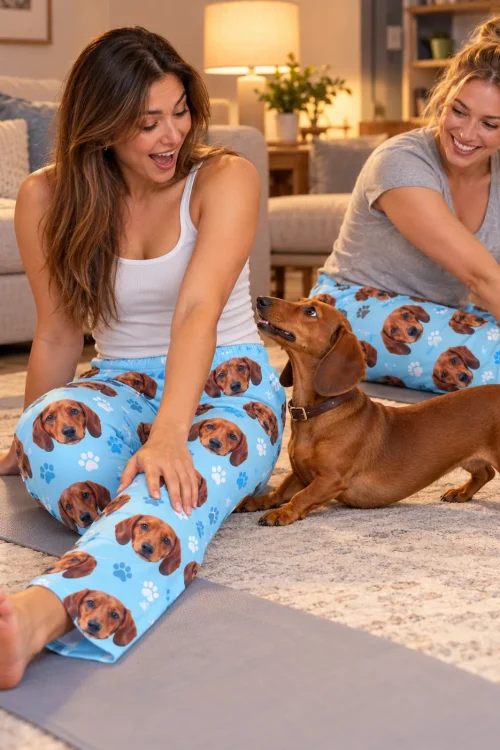 Two women stretching on yoga mats with a dachshund between them, both in light blue paws dachshund pajamas