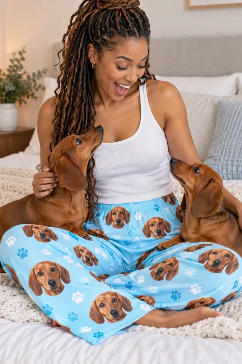 Woman sitting cross-legged on her bed between two red dachshunds, in light blue paws dachshund pajama pants