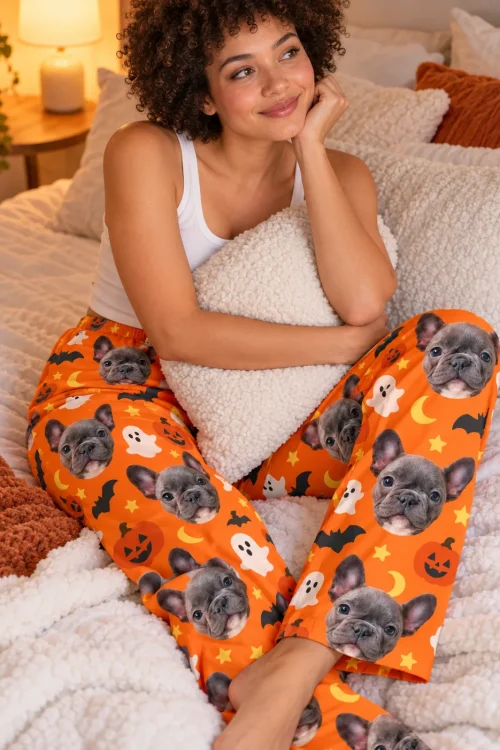Woman hugging a pillow on her bed in Halloween pajama pants with ghosts, bats and French bulldog faces