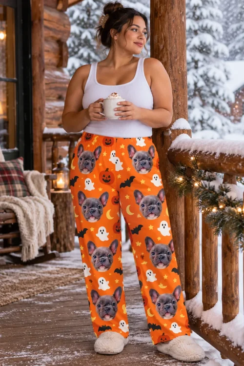 Woman with cocoa on a snowy cabin porch in orange Halloween pajama pants with French bulldog faces