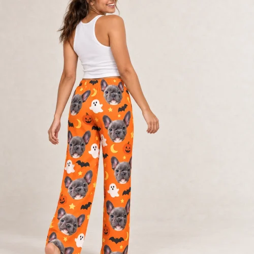 Women's Orange Halloween Pajama Pants with Your Pet's Face