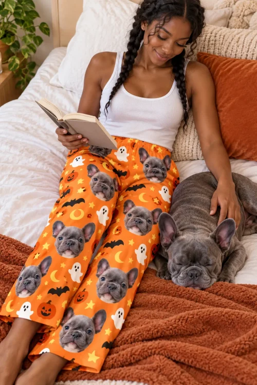 Woman reading in bed beside her sleeping French bulldog in women's Halloween pajama pants