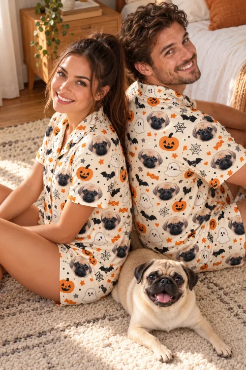 Couple sitting back to back on a rug in matching cream halloween pajama sets with their pug