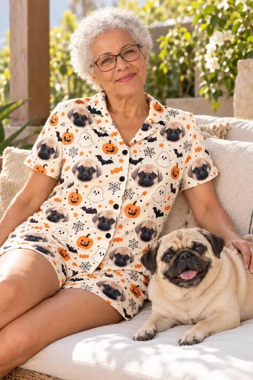 Woman with white curls on a patio sofa beside her pug in a cream halloween pajama set