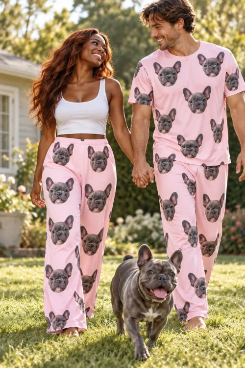 Couple walking a French bulldog across a sunny lawn, she in women's pink pajama pants printed with its face