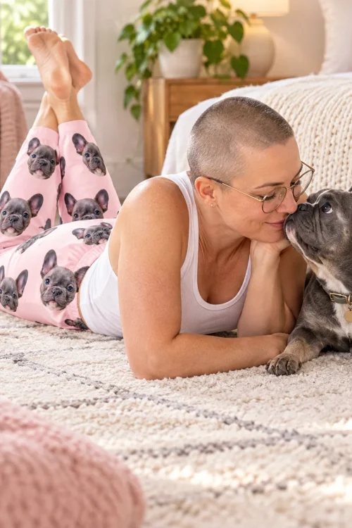 Woman lying on a bedroom rug in pink pajama pants, nose to nose with her gray French bulldog
