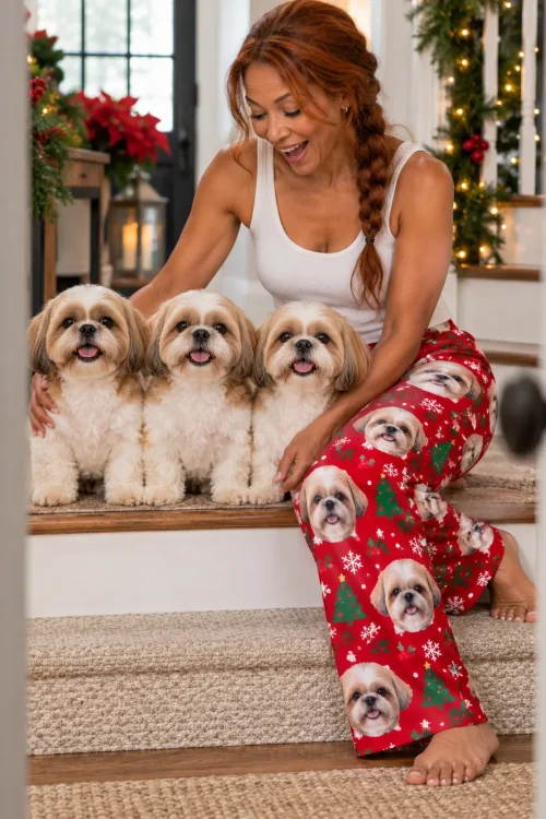 Woman on a decorated staircase beside three shih tzus, wearing red Christmas women's shih tzu pajamas